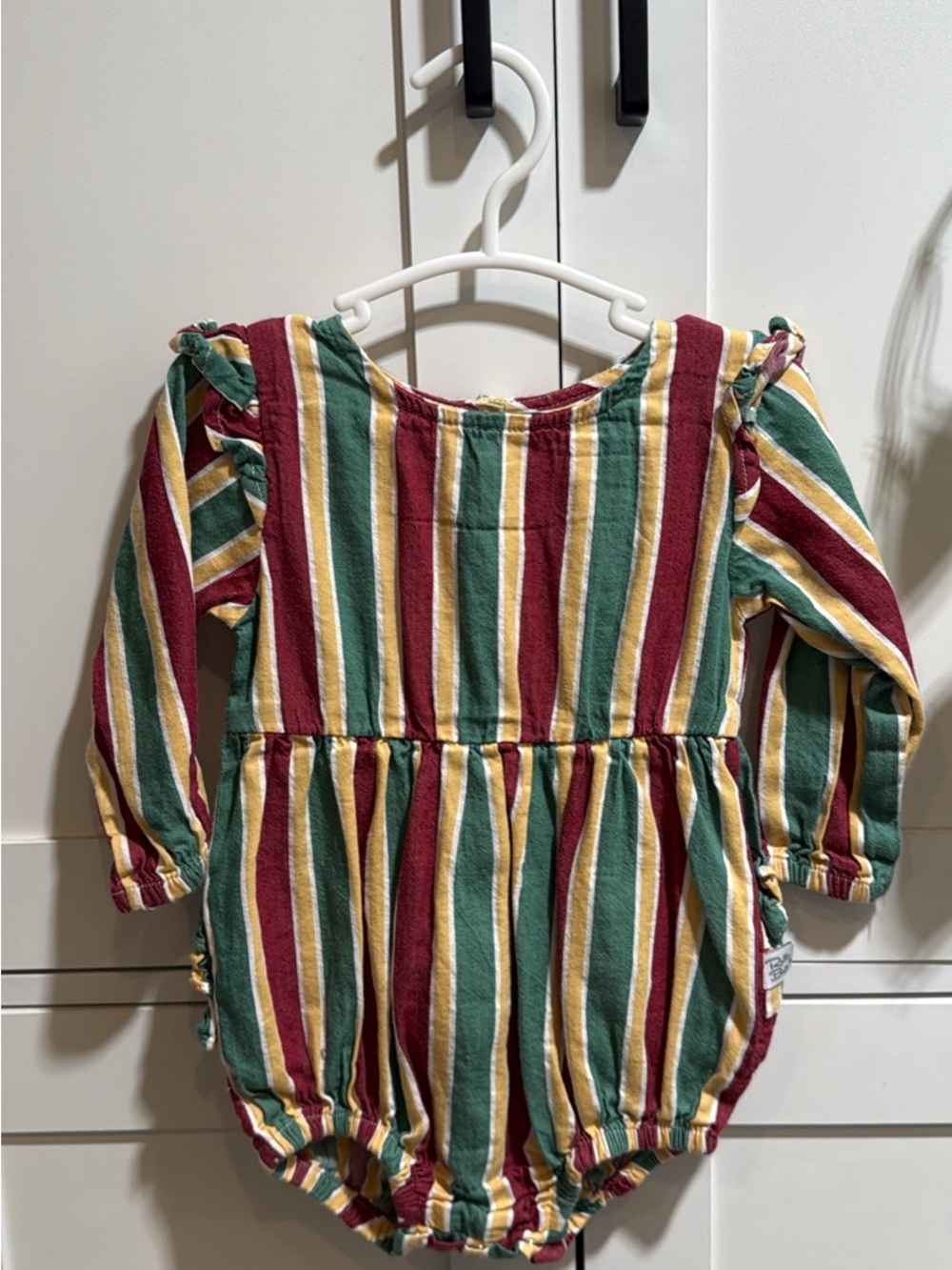 Ruffle/Rugged Butts Green Burgundy Yellow Striped Romper & Top Bundle